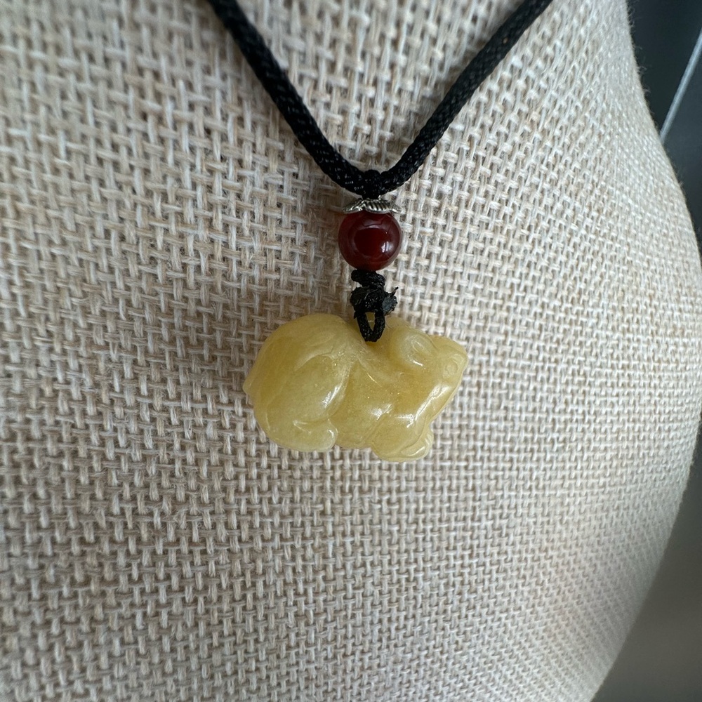 Yellow Jade Rat Carving Pendant Necklace on Black Adjustable Rope - Picture 8 of 16
